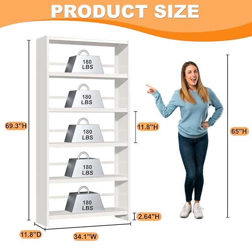 VASAAOSD 5 Tier Book Shelf, 69.3" Tall White Bookshelves, Open Metal Bookshelf, Toolless Assembly White Shelves for Home Office, Living Room, Study - color: White, size: 3 Tier