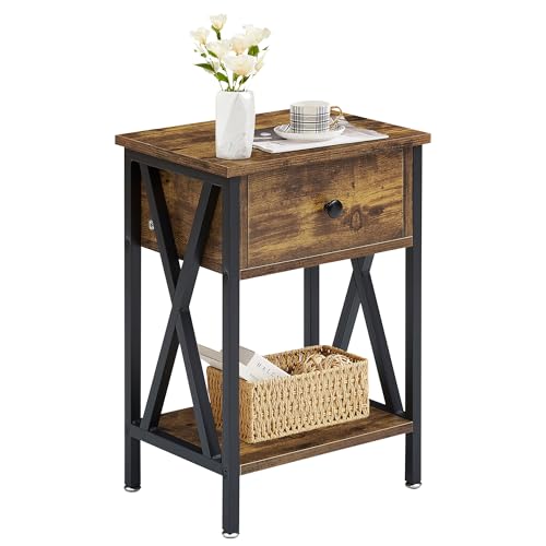 VECELO Nightstand,Modern Bedside End Table, Night Stand with Drawer and Storage Shelf for Living Room Bedroom, Industrial Metal Frame - color: Antique Brown, size: Set of 1
