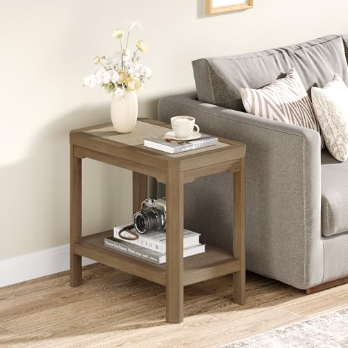 Eclatara Rattan Side Table End Table Farmhouse Boho Nightstands | 2 Tier Rattan Night Stand, Farmhouse Boho Bedside Tables with Ultra-Thick Legs for Bedroom Living Room(Oak,1 Piece) - color: Caramel Oak, Geometric Edges