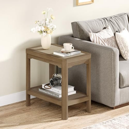 Eclatara Rattan Side Table End Table Farmhouse Boho Nightstands | 2 Tier Rattan Night Stand, Farmhouse Boho Bedside Tables with Ultra-Thick Legs for Bedroom Living Room(Oak,1 Piece) - color: Caramel Oak, Geometric Edges