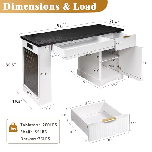 55" Modern Fluted Office Desk with Storage Cabinet & Drawers, Computer Writing Desk with Power Outlet, Pegboard, Built-in Shelves & Keyboard Tray for Study, Home Office, White - color: White