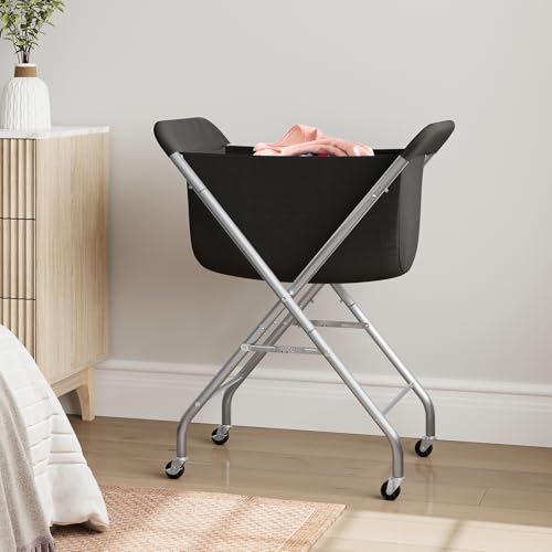 ELYKEN Laundry Basket with Wheels, Collapsible Laundry Hamper, Black | Removable Liner Bag, Foldable Design, Sturdy Metal Frame, 4 Casters, 32”H Laundry Cart for Bedroom, Bathroom & Laundry Room - color: Black, size: 23.2"L x 13"W x 32"H