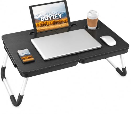 BUYIFY Foldable Lap Desk Bed Table with Cup Holder Portable Tray, Charcoal | Sturdy & Lightweight, Folds Flat for Easy Storage, Versatile for Work Eating Studying, Built-in Tablet Slot, Patent Design - color: Black