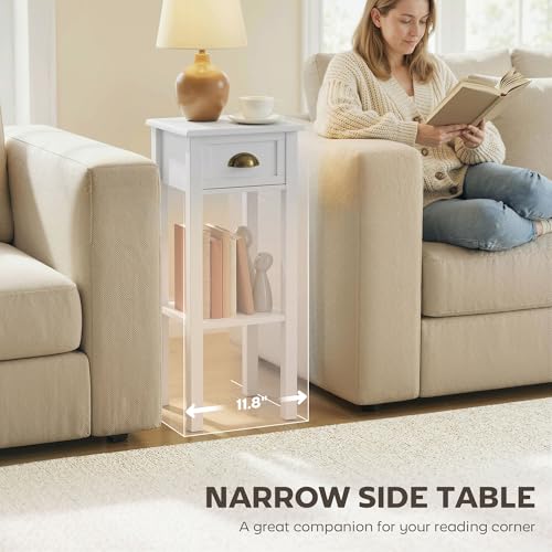HOMCOM Narrow End Table with Drawer Slim Side Table for Small Spaces White | Tall Telephone Table, Skinny Modern Design, for Small Spaces, Living Room - color: White