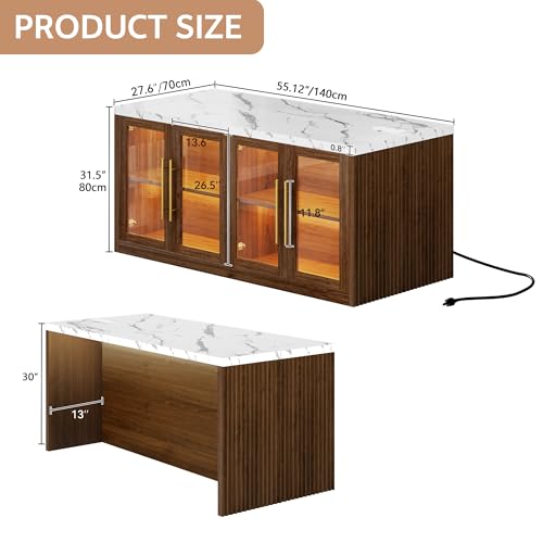 Kitchen Island with Storage, Imitation Marble Island Table with LED Lights & Cabinet for Kitchen, Modern Kitchen Carts on Wheels for Dining Room, Home Bar, Walnut
