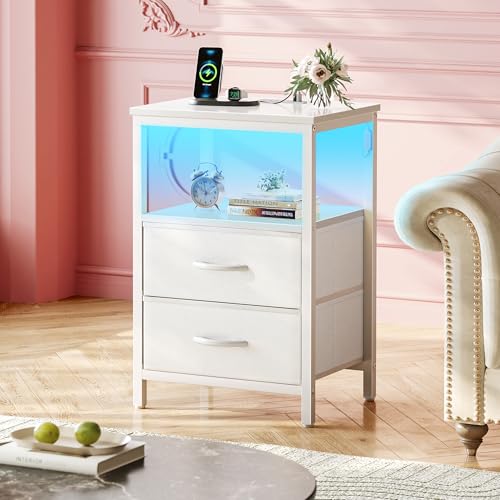 Huuger Night Stand with Charger Station and LED Lights, 2 Drawer Nightstand, Bed Side Table with Open Shelf, End Table, Fabric Dresser for Bedroom, PU Leather, White - color: White, size: 11.8"D x 15.7"W x 23.6"H（2 Drawers）