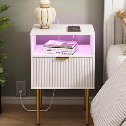 Modern Nightstand with Charging Station and LED Lights, White Bedside Table with Drawer, Fluted Side Table for Living Room, Bedroom - color: White