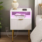 Modern Nightstand with Charging Station and LED Lights, White Bedside Table with Drawer, Fluted Side Table for Living Room, Bedroom - color: White