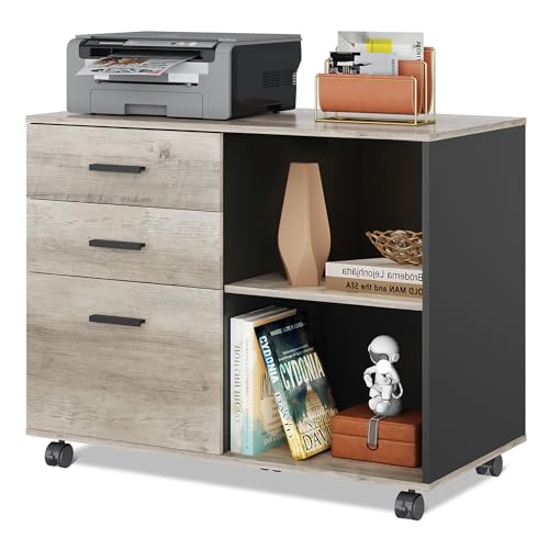 DEVAISE 3 Drawer Mobile File Cabinet, Wood Lateral Filing Cabinet, Printer Stand with Open Shelves for Home Office, Greige - color: Greige, style: Modern