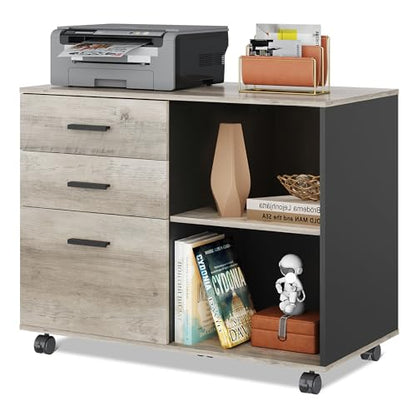 DEVAISE 3 Drawer Mobile File Cabinet, Wood Lateral Filing Cabinet, Printer Stand with Open Shelves for Home Office, Greige - color: Greige, style: Modern