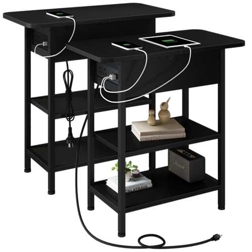 End Table with Charging Station, Flip Top Side Table with Storage, Black | Equipped with USB Ports and Outlets, Nightstand for Small Spaces, Bedside Tables for Living Room, Bedroom - color: Black, size: Pack of 2