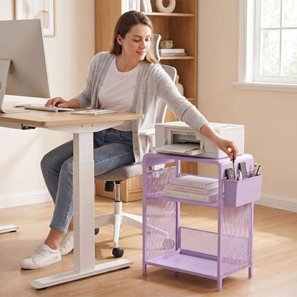 ECOLOVI 3 Tier Printer Stand for Under Desk, Height Adjustable Shelf Small Printer Table with 3 S-Hooks & Basket, Heavy Duty Industrial Storage Shelf for Home Office (Purple Metal) - color: Purple