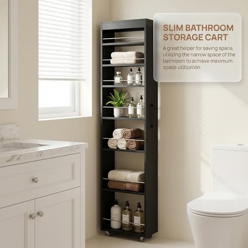 7-Tier Slim Mobile Shelving Cart with Wheels, Rolling Pantry with 7 Racks, Narrow Pull-Out Utility Cart, Space Saving Storage Organizer Carts for Kitchen Living Room Bathroom Narrow Spaces, Black - size: Black & 7.87"D x 17.72"W x 70.87"H