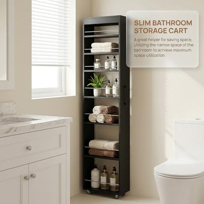 7-Tier Slim Mobile Shelving Cart with Wheels, Rolling Pantry with 7 Racks, Narrow Pull-Out Utility Cart, Space Saving Storage Organizer Carts for Kitchen Living Room Bathroom Narrow Spaces, Black - size: Black & 7.87"D x 17.72"W x 70.87"H