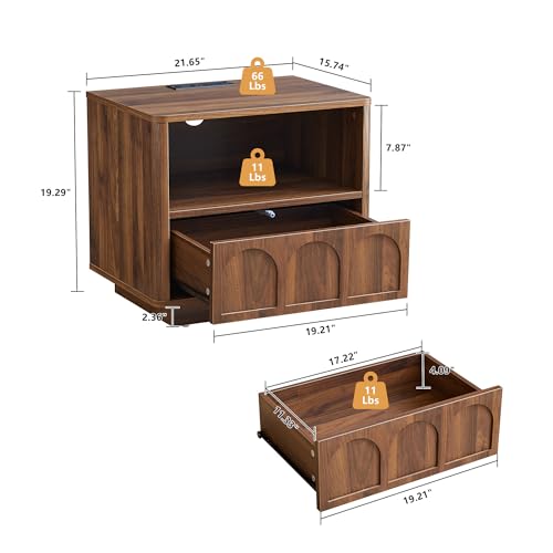 Small Nightstand Set of 2 with Charging Station, Accent Bedside Nightstand with Drawer, Mid Century Modern Bedroom Side Bed Table with Storage for Dorm, Living Room, Couch, Office - Walnut - color: Walnut