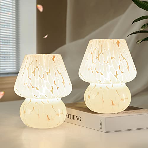 ONEWISH Cute Mushroom Lamp Small Bedside Table Lamp Set of 2 Stepless Dimmable, Translucent Glass White Nightstand Lamp for Bedroom Dorm Kids Room Living Kitchen, Murano Aesthetic Home Decor - color: white-2packs