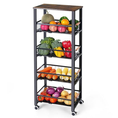 Mythinglogic 5-Tier Rolling Fruit Vegetable Storage Cart with Pull-Out Baskets, Metal Kitchen Organizer, Heavy Duty Utility Rack with Wheels for Pantry, Living Room, Kitchen - size: 15.74"D x 11.81"W x 42.51"H