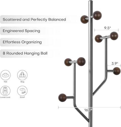 Coat Rack Freestanding Metal Coat Tree with 8 Wood Hooks | Heavy Duty Standing Coat Rack, Stainless Steel Marble Base, Coat Hanger Stand for Bedroom Entryway Hallway, Hat, Bags - color: Stainless Steel and Wood