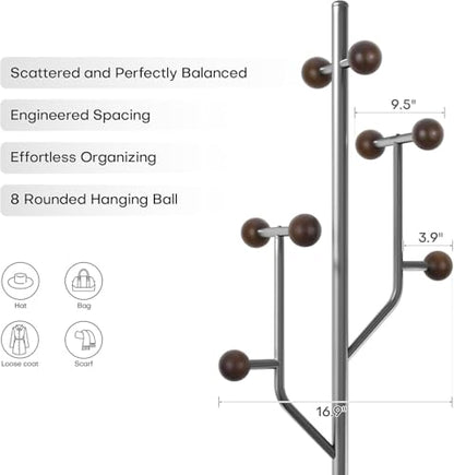 Coat Rack Freestanding Metal Coat Tree with 8 Wood Hooks | Heavy Duty Standing Coat Rack, Stainless Steel Marble Base, Coat Hanger Stand for Bedroom Entryway Hallway, Hat, Bags - color: Stainless Steel and Wood