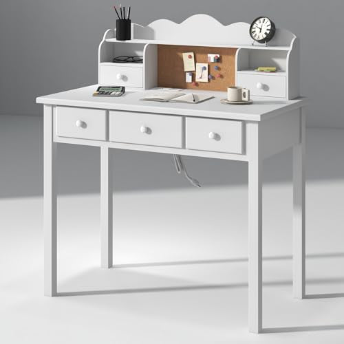 FUNKOCO Home Office Furniture Writing Desk, 36 Inch Computer Work Station with Detachable Hutch for Small Place, 5 Drawers(White) - color: 1-white