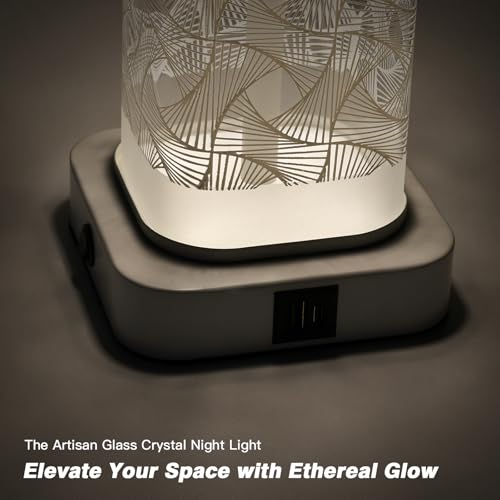 28" White Print Glass Table Lamp Set of 2 with Night Light, Modern Bedside Lamps with USB C+A Charging Ports, Nightstand Lamps for Living Room, Glass Lamps for Bedroom End Table, 2 Bulbs Included - color: White Print(2 Pack)