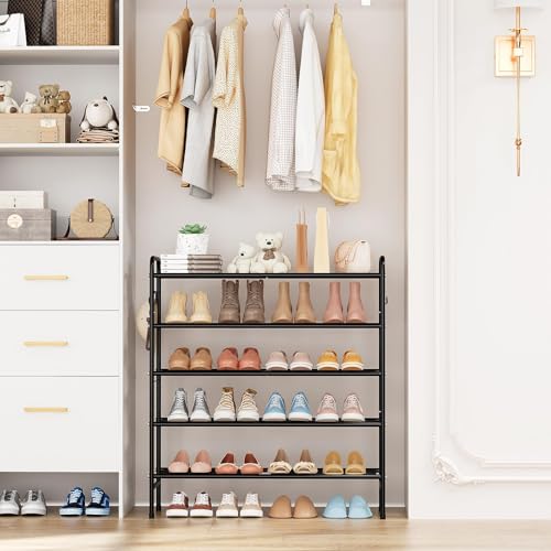 VILICK 5 Tier Shoe Rack 33" Wide Metal Shoe Organizer Long Shoe Storage with 4 Side Hooks Sturdy Shoes Shelf for Closet, Front Door Entrance, Garage, Dorm, Black - size: 5-Tier (11"x 33"x 37.8")