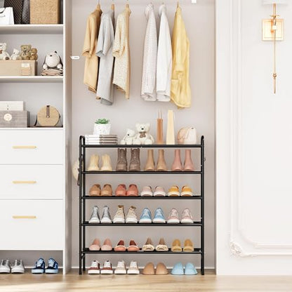 VILICK 5 Tier Shoe Rack 33" Wide Metal Shoe Organizer Long Shoe Storage with 4 Side Hooks Sturdy Shoes Shelf for Closet, Front Door Entrance, Garage, Dorm, Black - size: 5-Tier (11"x 33"x 37.8")