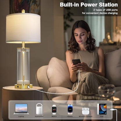 28" Gold Glass Table Lamps Set of 2 with Night Light, Modern Bedside Lamps with USB C+A Charging Ports, Nightstand Lamps for Living Room, Glass Lamps for Bedroom End Table Office, 2 Bulbs Included - color: Gold
