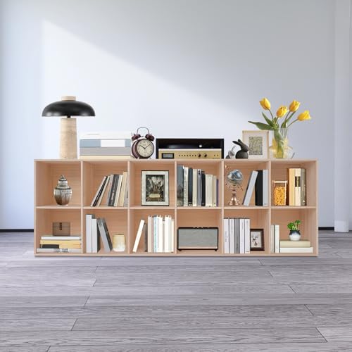 12 Cube Storage Organizer, Solid Wood Cube Bookcase with Open Design, Modern Floor Standing Bookshelf for Home Office Libraries Study Room, Vertically or Horizontally, 70.9" x 12" x 24"