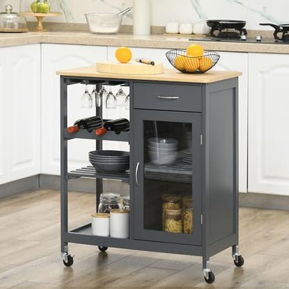 HOMCOM Rolling Kitchen Island with Storage, 4-Bottle Wine Rack, Gray | Small Kitchen Island, Bar Cart with Stemware Holder, Shelves, Drawer and Cabinet