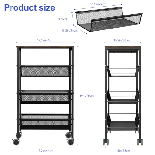 Kitchen Cart with Drawers, 4-Tier Rolling Cart with Wood Tabletop, Lockable Wheels Utility Storage Cart, Vegetable Organizer for Kitchen, Serving Cart with Mesh Basket, Industrial Brown