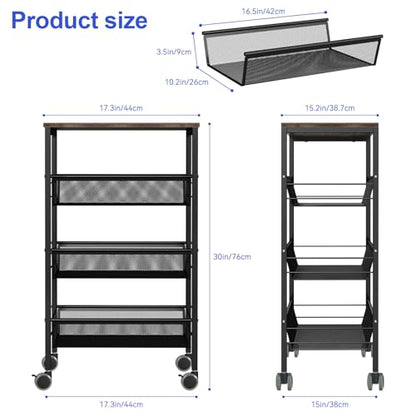 Kitchen Cart with Drawers, 4-Tier Rolling Cart with Wood Tabletop, Lockable Wheels Utility Storage Cart, Vegetable Organizer for Kitchen, Serving Cart with Mesh Basket, Industrial Brown