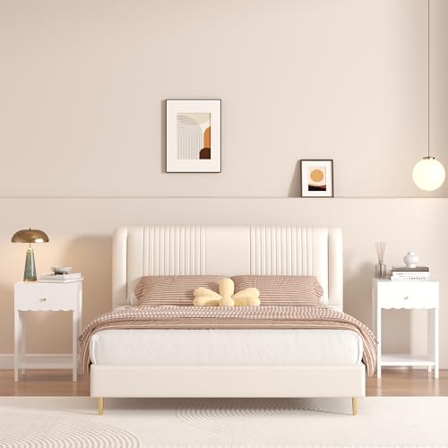 Haotian Nightstand with Drawer and Open Shelf, Scalloped Edge Design, White, Compact Bedside Table, 16.93" D x 14.96" W x 26.77" H, Engineered Wood