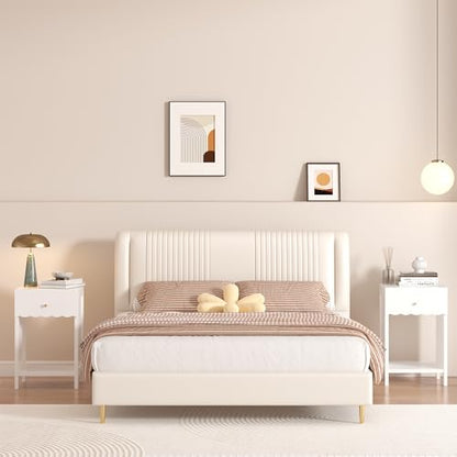 Haotian Nightstand with Drawer and Open Shelf, Scalloped Edge Design, White, Compact Bedside Table, 16.93" D x 14.96" W x 26.77" H, Engineered Wood