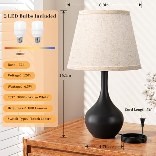 Seealle Touch Table Lamps for Bedroom Set of 2,3-Way Dimmable Small Bedside Lamps for Night Stands with Wires, Black Desk Lamps for Kids Room,Office,Living Room, End Table(LED Bulbs Included) - color: B. Beige Shade & Black Base Set 2