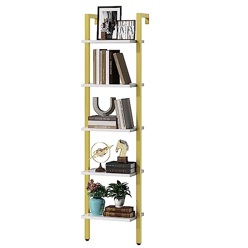 YMYNY 5 Tiers Ladder Bookcase, Industrial Wall Mounted Bookshelf, Open Display Rack with Metal Frame, Wooden Storage Shelves for Bedroom, Home Office, Living Room, White+Gold, 70*17.3*11.8"UHBC015W - color: White and Gold