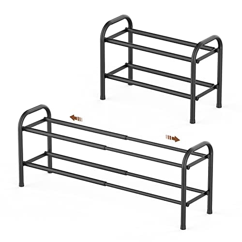 Gonfoam Expandable 2-Tier Shoe Rack for Closet and Entryway, Black | Tool-Free Assembly, Metal Material, Adjustable Shoe Organizer, Sturdy, Small Space Solution, Dorms, Garages, Apartments. - color: Black, size: 2 Tier