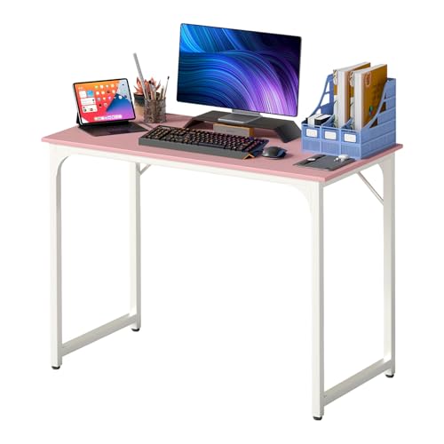 Dkelincs 40 Inch Small Computer Desk Home Office Desk Writing Desk Modern Simple Style Study Work Table with Metal Frame, Easy Assembly, Adjustable Feet, Water-Resistant, Scratchproof Surface, Pink - color: Pink, size: 40 Inch