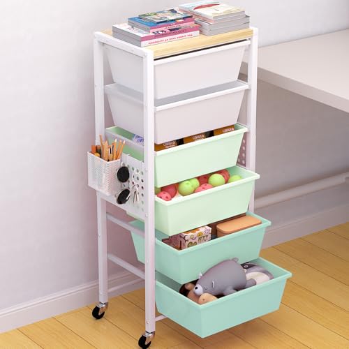 Rolling Cart with Drawers, Rolling Storage Cart with Large Plastic Drawers & Wooden Tabletop, Utility Cart with Pegboards & Basket, Storage Drawers Cart for Living Room, Classroom, Bedroom, Office - color: Green, size: 6 Drawers