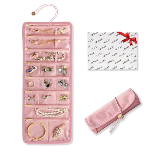 Travel Jewelry Organizer Case, Foldable Velvet Jewelry Roll for Women, Tangle-Free Necklace Storage Bag, Small Portable Jewelry Wrap for Rings, Earrings, Anti-Tarnish Travel Essentials,Pink - color: Pink