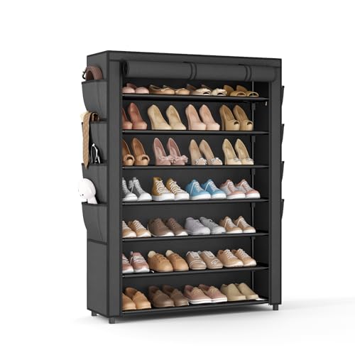 VTRIN Shoe Rack with Cover, 7 Tier Shoe Organizer Storage for 35-40 Pairs Shoes and Boots Large Capacity Tall Shoe Shelf with 8 Pockets Free Standing Shoe Rack for Closet, Entryway, Garage - color: Black, size: 33.8"W - 7 Tier