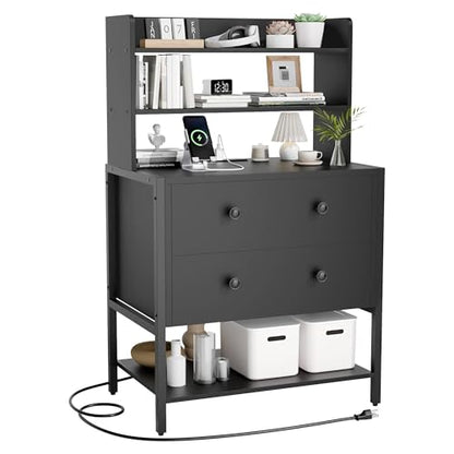 39 Inch Tall Nightstand with 2 Drawers & Charging Station, Black | 4-tier Open Shelves, P2 Particle Board, Steel Frame, 2 AC Outlets, 2 USB Ports, Suitable for Dorm and Apartment - color: Black
