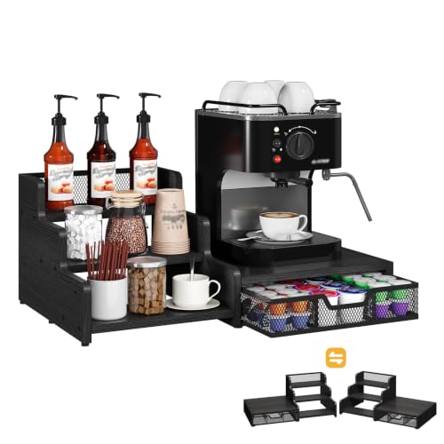 Coffee Station Organizer with K Cup Holder, 28 Pod Capacity,3-Tier Syrup Rack with Coffee Pod Holder Drawer, Coffee Bar organizer Countertop for Accessories,Black - color: K-Cup – Black