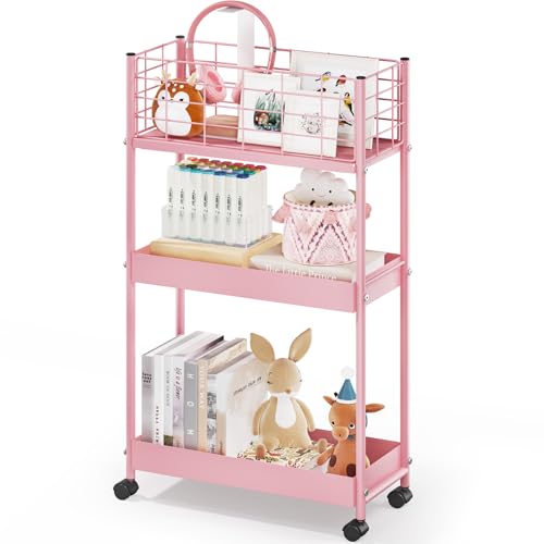 KINGRACK Slim Rolling Storage Cart 3 Tier - Heavy Duty Metal Utility Cart with Raised Edge & Wheels, Narrow Small Mobile Organizer Shelves for Bathroom, Kitchen, Laundry, Office, Living Room, Pink - color: Pink, size: 3-Tier