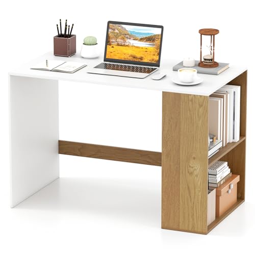 Giantex Small Desk with Bookshelf, 44 Inch Modern Computer Desk for Small Spaces, Laptop PC Desk, Vanity Table for Bedroom, Study Writing Desk for Home Office (White+Natural) - color: White+natural