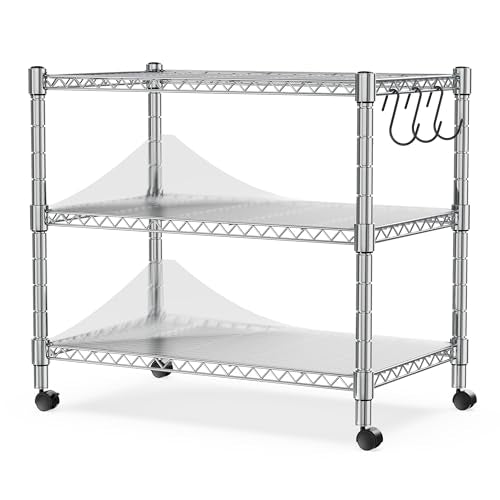Heavy Duty 3-Shelf Shelving Unit, 24.02" W x 13.78" D x 21.97" H Chrome Steel Storage Rack with Wheels, 2 PP Shelf Liners and Hooks, Adjustable Under Desk Organizer for Kitchen, Office, Garage - color: Chrome, size: 3-Tier, Set