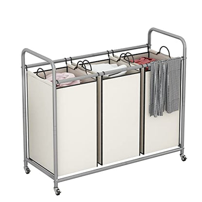 LINZINAR 3 Section Laundry Hamper, Beige Laundry Basket 135L Laundry Sorter | Laundry Room Organization with Heavy Duty Rolling Lockable Wheels and Removable Bag, Bedroom Laundry Cart for Clothes Storage - size: 3 Bags Beige