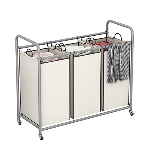LINZINAR 3 Section Laundry Hamper, Beige Laundry Basket 135L Laundry Sorter | Laundry Room Organization with Heavy Duty Rolling Lockable Wheels and Removable Bag, Bedroom Laundry Cart for Clothes Storage - size: 3 Bags Beige