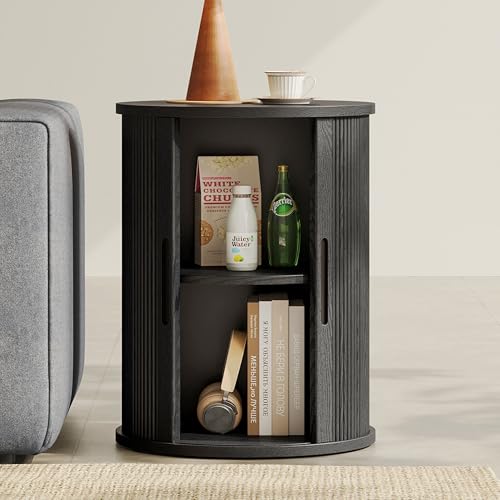 LINSY HOME Round Fluted End Table, Tall Side Table with Sliding Tambour Door and Storage Shelf, Mid Century Modern Nightstand for Living Room, Bedroom, Black - color: Black