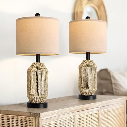 OYEARS 21" Boho Table Lamps Set of 2 for Living Room, Bedside Lamps for Nightstand, Rattan Lamp for Bedroom, Farmhouse Table Lamps for Boho Decor, End Table, Retro, Black - color: Wood Brown and Black